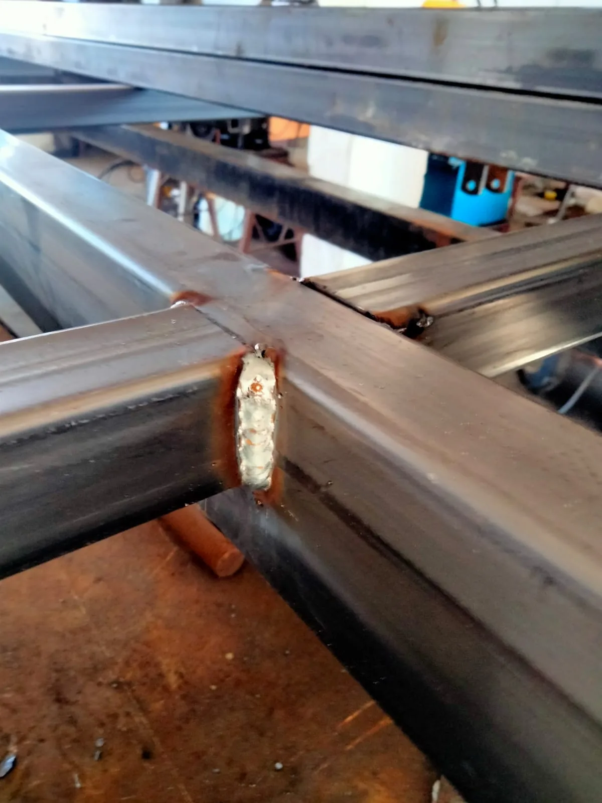Close view of welded frame fabrication